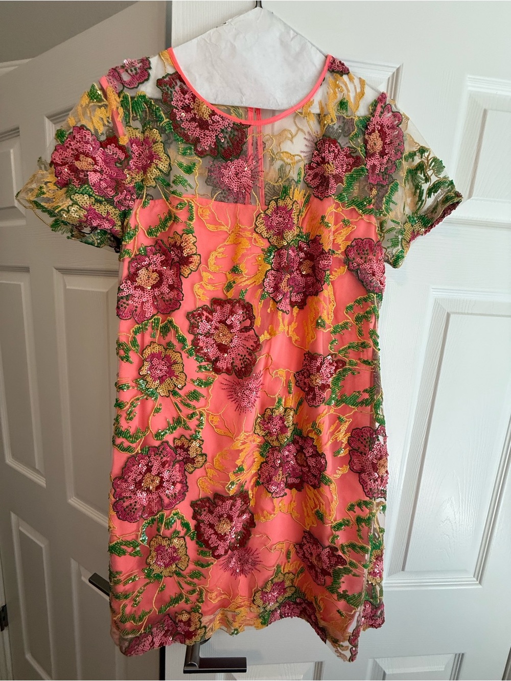 Boston Proper Coral Floral Sequin Mini Dress